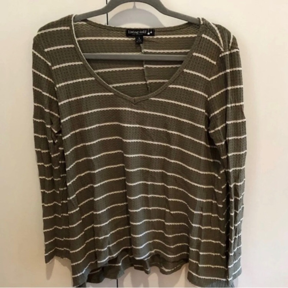 Army green and white striped thermal v neck